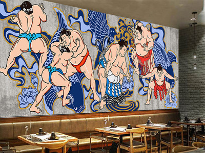 復(fù)古手繪相撲武士水泥墻日式餐廳壁畫背景墻