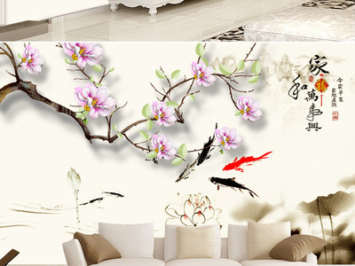 家和萬事興 水墨九魚圖電視背景墻的藝術(shù)魅力