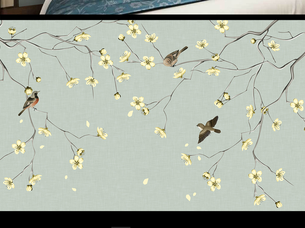 現(xiàn)代簡(jiǎn)約風(fēng)韻 梨花手繪工筆花鳥(niǎo)新中式背景墻的藝術(shù)解讀